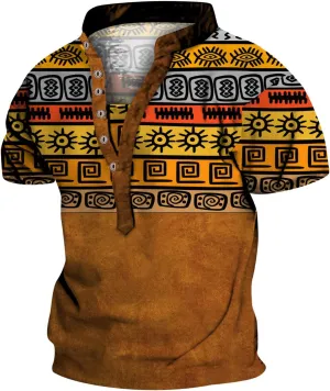Mens Western Aztec Vintage Henley T-Shirts Graphic Printed Tees Casual Fashion Cowboy Summer Tops Streetwear