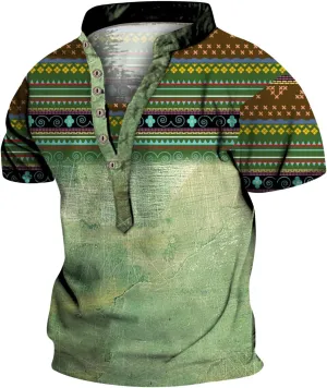 Mens Western Aztec Vintage Henley T-Shirts Graphic Printed Tees Casual Fashion Cowboy Summer Tops Streetwear
