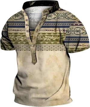 Mens Western Aztec Vintage Henley T-Shirts Graphic Printed Tees Casual Fashion Cowboy Summer Tops Streetwear