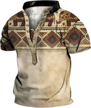 Mens Western Aztec Vintage Henley T-Shirts Graphic Printed Tees Casual Fashion Cowboy Summer Tops Streetwear