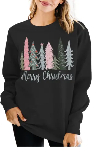 Merry Christmas Sweatshirt for Women Xmas Tree Pullover Shirts Crew Neck Tops Long Sleeve Fall Winter Clothes