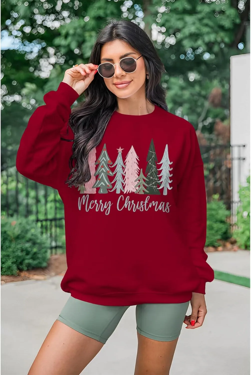 Merry Christmas Sweatshirt for Women Xmas Tree Pullover Shirts Crew Neck Tops Long Sleeve Fall Winter Clothes