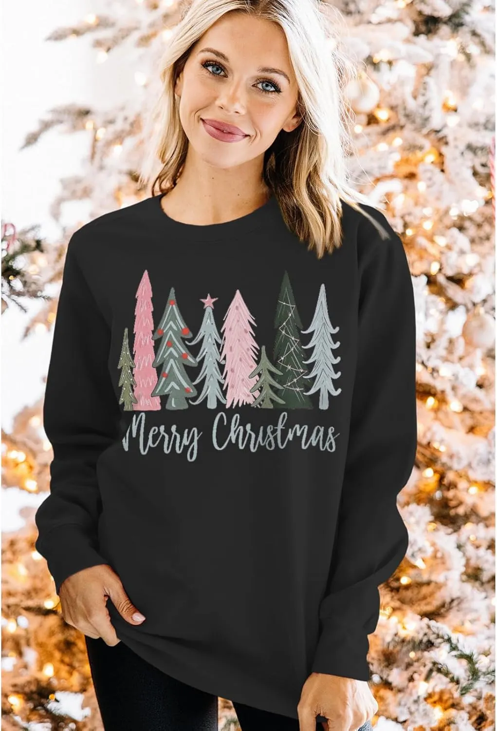 Merry Christmas Sweatshirt for Women Xmas Tree Pullover Shirts Crew Neck Tops Long Sleeve Fall Winter Clothes