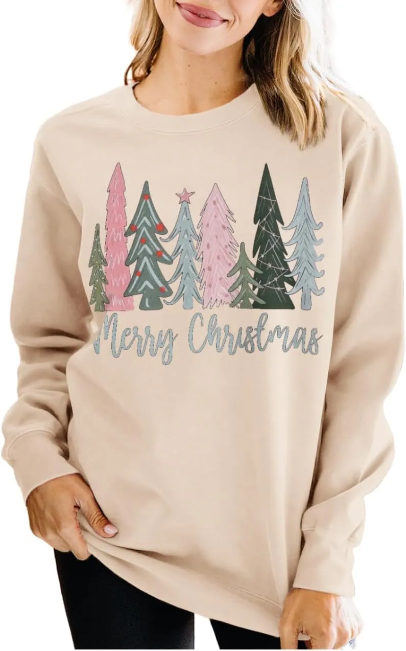 Merry Christmas Sweatshirt for Women Xmas Tree Pullover Shirts Crew Neck Tops Long Sleeve Fall Winter Clothes
