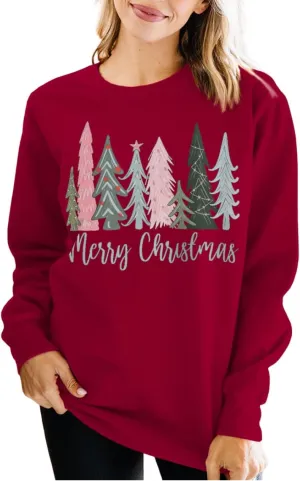 Merry Christmas Sweatshirt for Women Xmas Tree Pullover Shirts Crew Neck Tops Long Sleeve Fall Winter Clothes