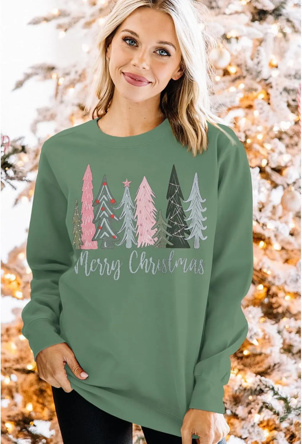 Merry Christmas Sweatshirt for Women Xmas Tree Pullover Shirts Crew Neck Tops Long Sleeve Fall Winter Clothes