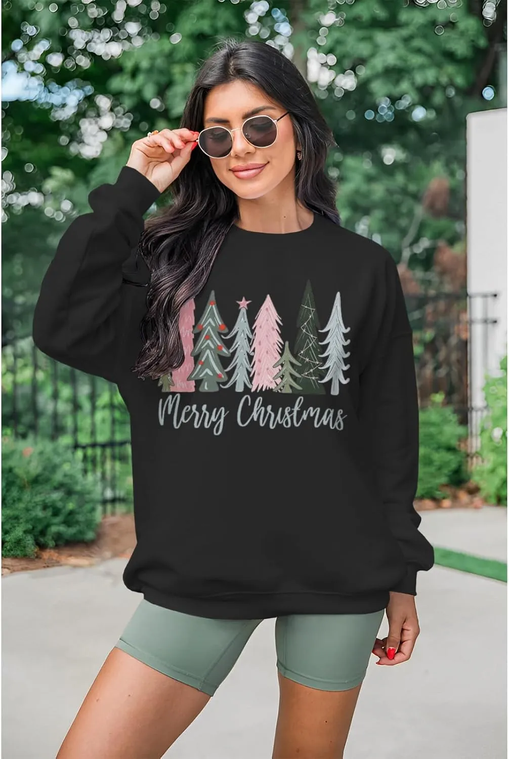 Merry Christmas Sweatshirt for Women Xmas Tree Pullover Shirts Crew Neck Tops Long Sleeve Fall Winter Clothes