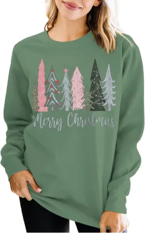 Merry Christmas Sweatshirt for Women Xmas Tree Pullover Shirts Crew Neck Tops Long Sleeve Fall Winter Clothes