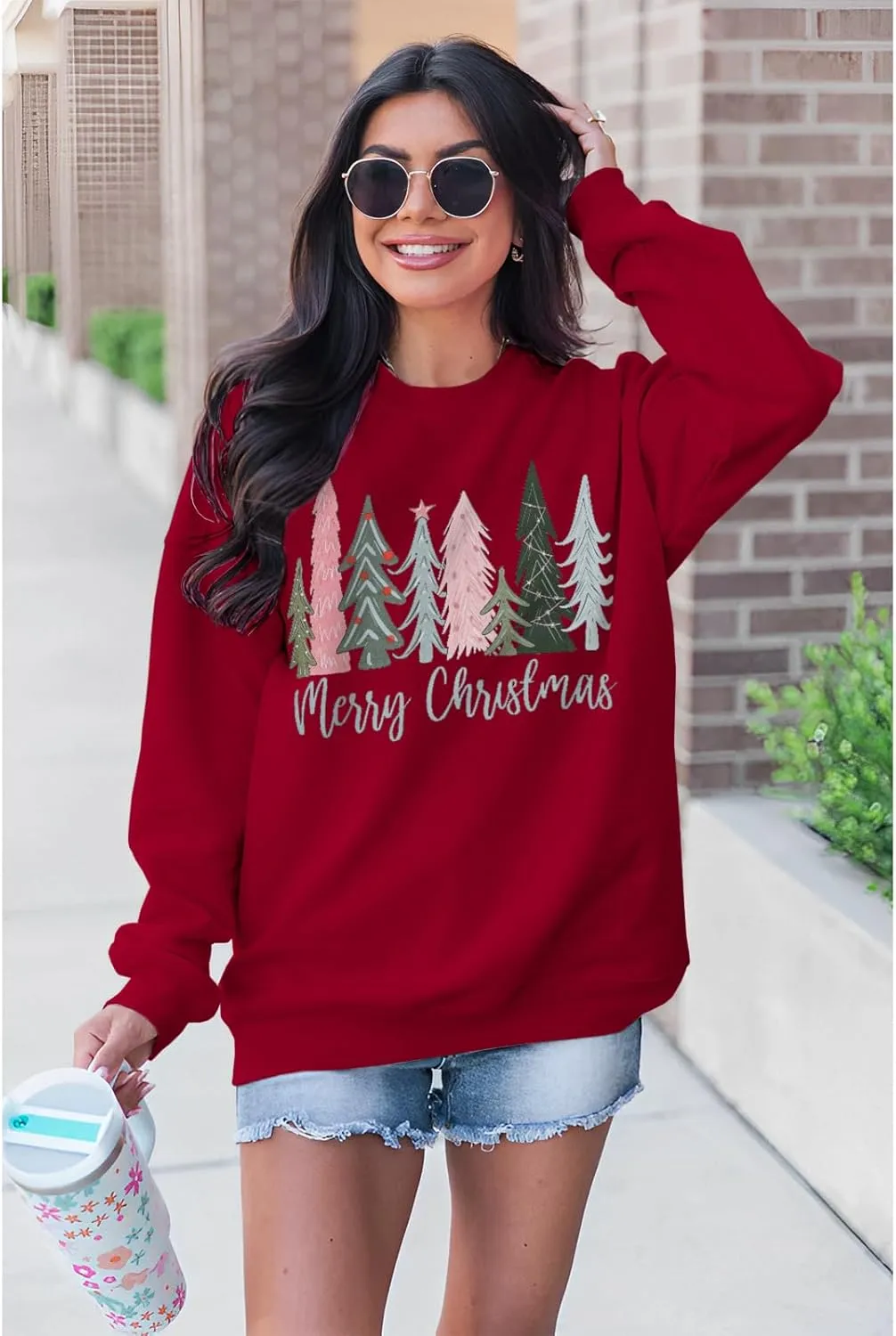 Merry Christmas Sweatshirt for Women Xmas Tree Pullover Shirts Crew Neck Tops Long Sleeve Fall Winter Clothes