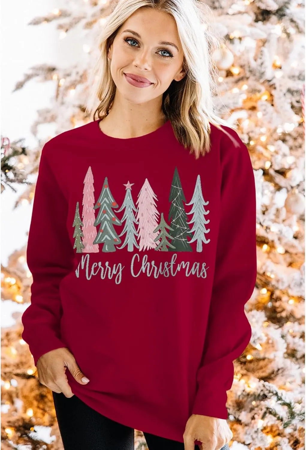 Merry Christmas Sweatshirt for Women Xmas Tree Pullover Shirts Crew Neck Tops Long Sleeve Fall Winter Clothes
