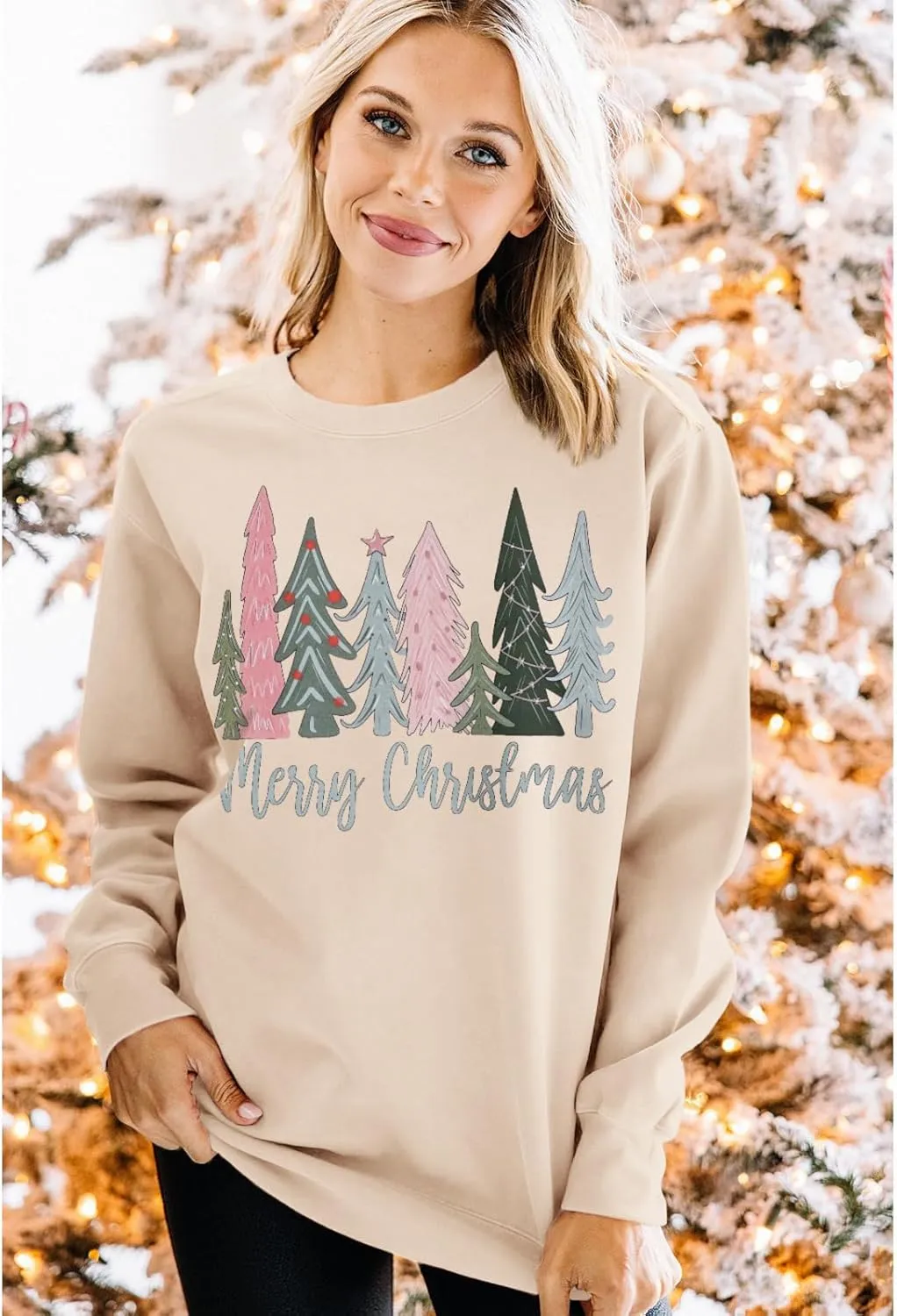 Merry Christmas Sweatshirt for Women Xmas Tree Pullover Shirts Crew Neck Tops Long Sleeve Fall Winter Clothes