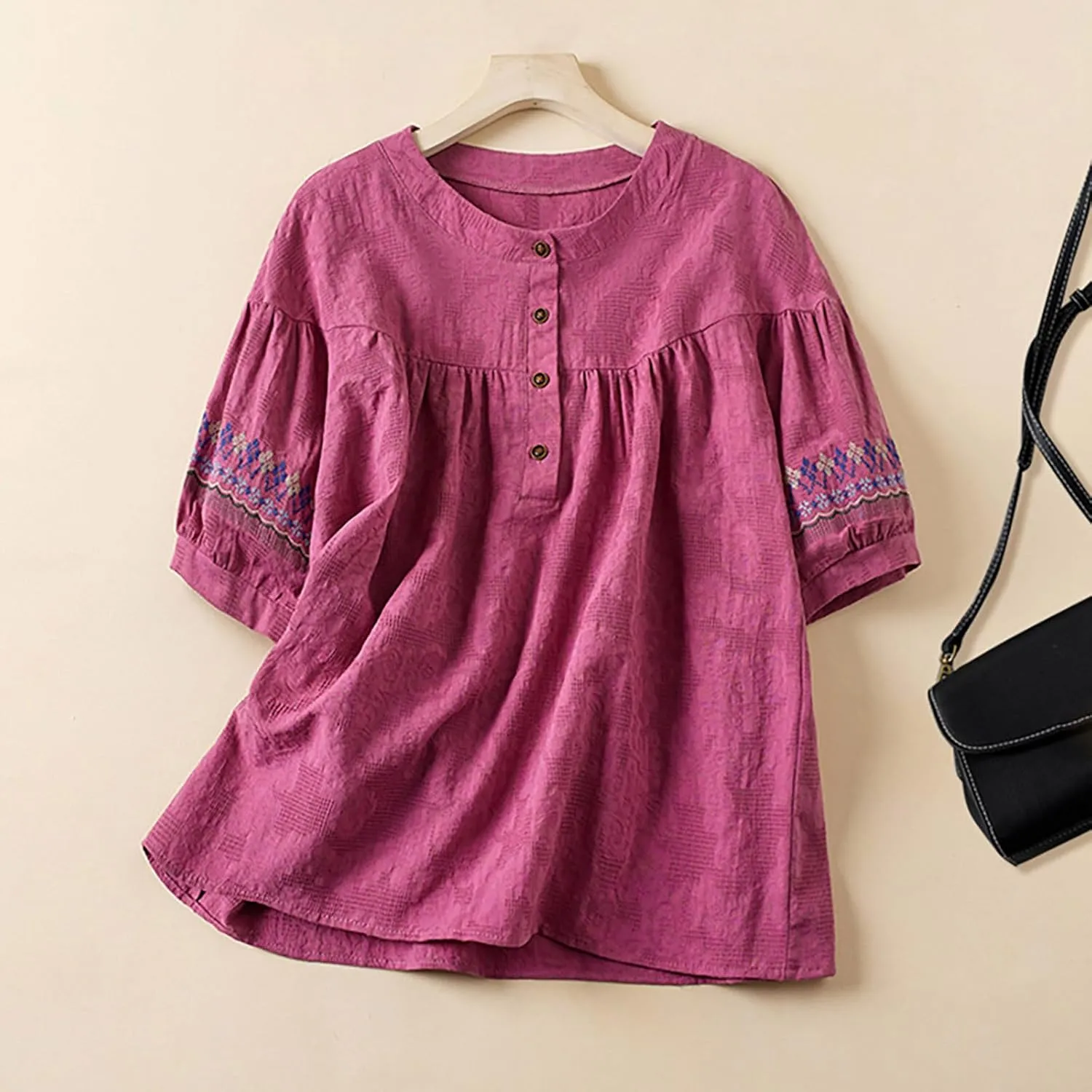 Mexican Embroidered Tops for Women Summer Cotton Linen Shirt Casual Short Sleeve Round Neck Blouse Tees