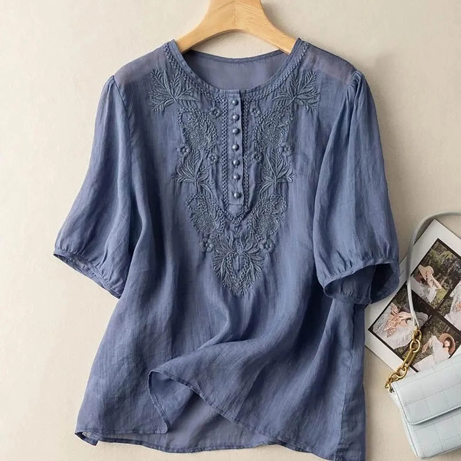 Mexican Embroidered Tops for Women Summer Cotton Linen Shirt Trendy Round Neck Tees Casual Short Sleeve Top