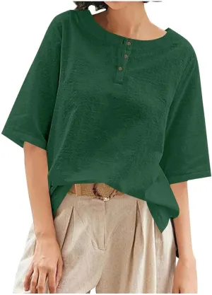 Mexican Embroidered Tops for Women Summer Cotton Linen Shirt Trendy Round Neck Tees Casual Short Sleeve Top