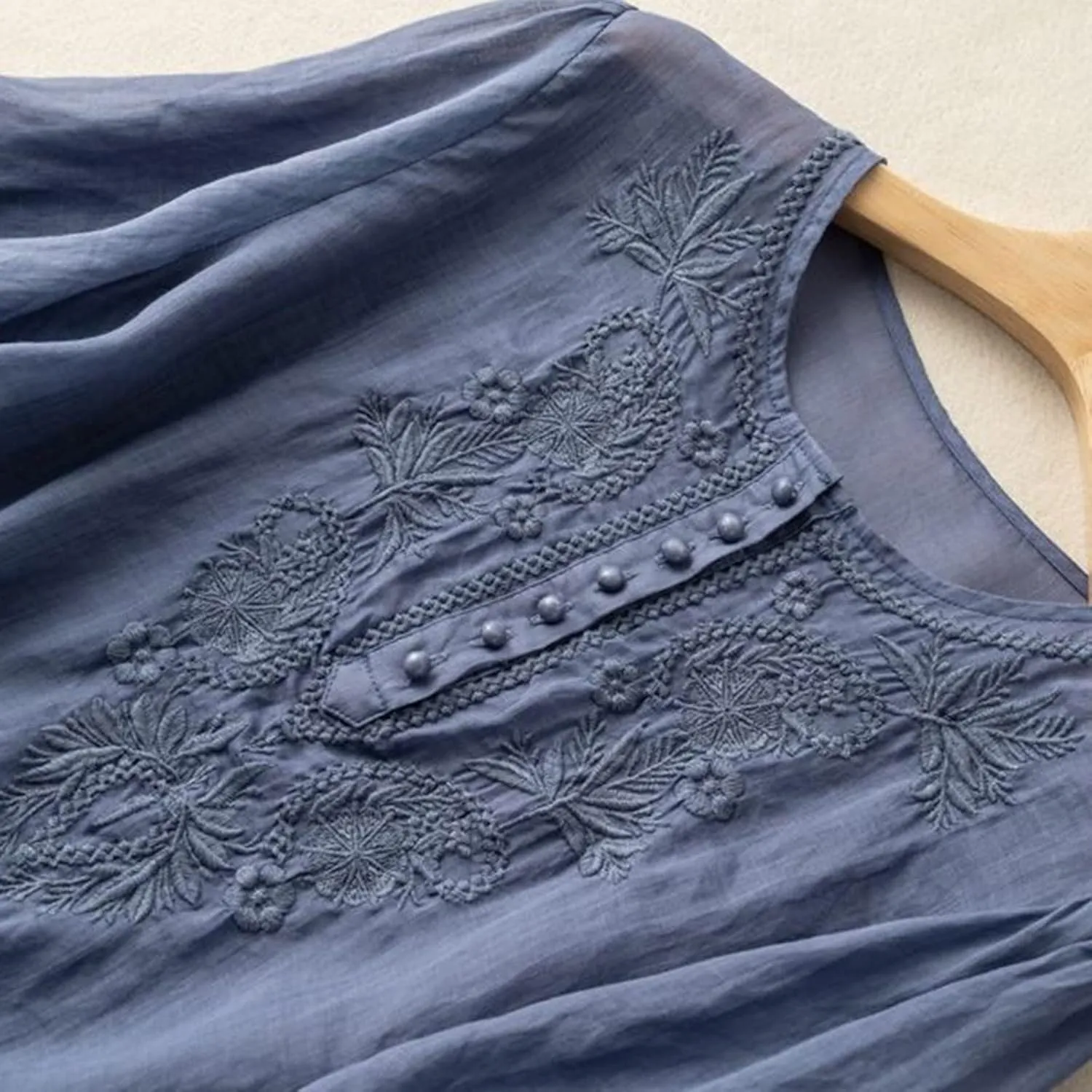 Mexican Embroidered Tops for Women Summer Cotton Linen Shirt Trendy Round Neck Tees Casual Short Sleeve Top