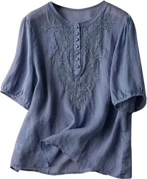 Mexican Embroidered Tops for Women Summer Cotton Linen Shirt Trendy Round Neck Tees Casual Short Sleeve Top