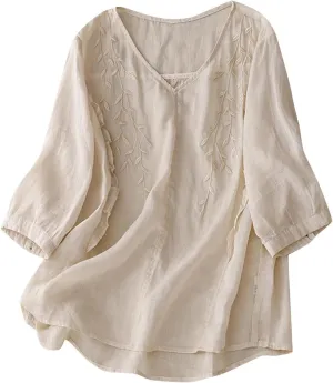 Mexican Tops for Women Vacation Summer Embroidered Blouses V Neck Button Down T-Shirt Short Sleeve Shirt