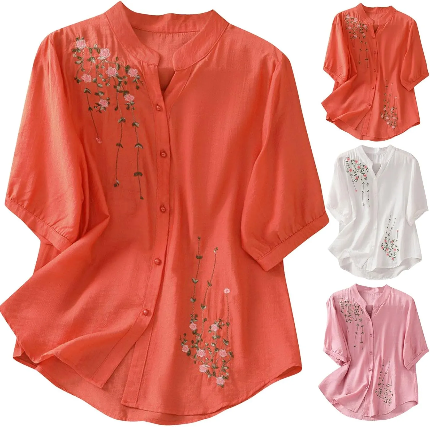 Mexico Shirts for Women Summer Embroidered Blouse Cotton Linen Round Neck Top Vintage Causal Button Shirt
