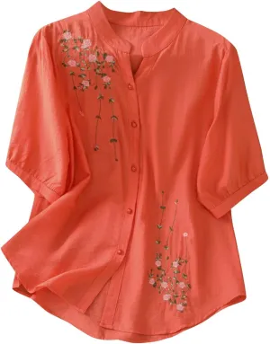 Mexico Shirts for Women Summer Embroidered Blouse Cotton Linen Round Neck Top Vintage Causal Button Shirt