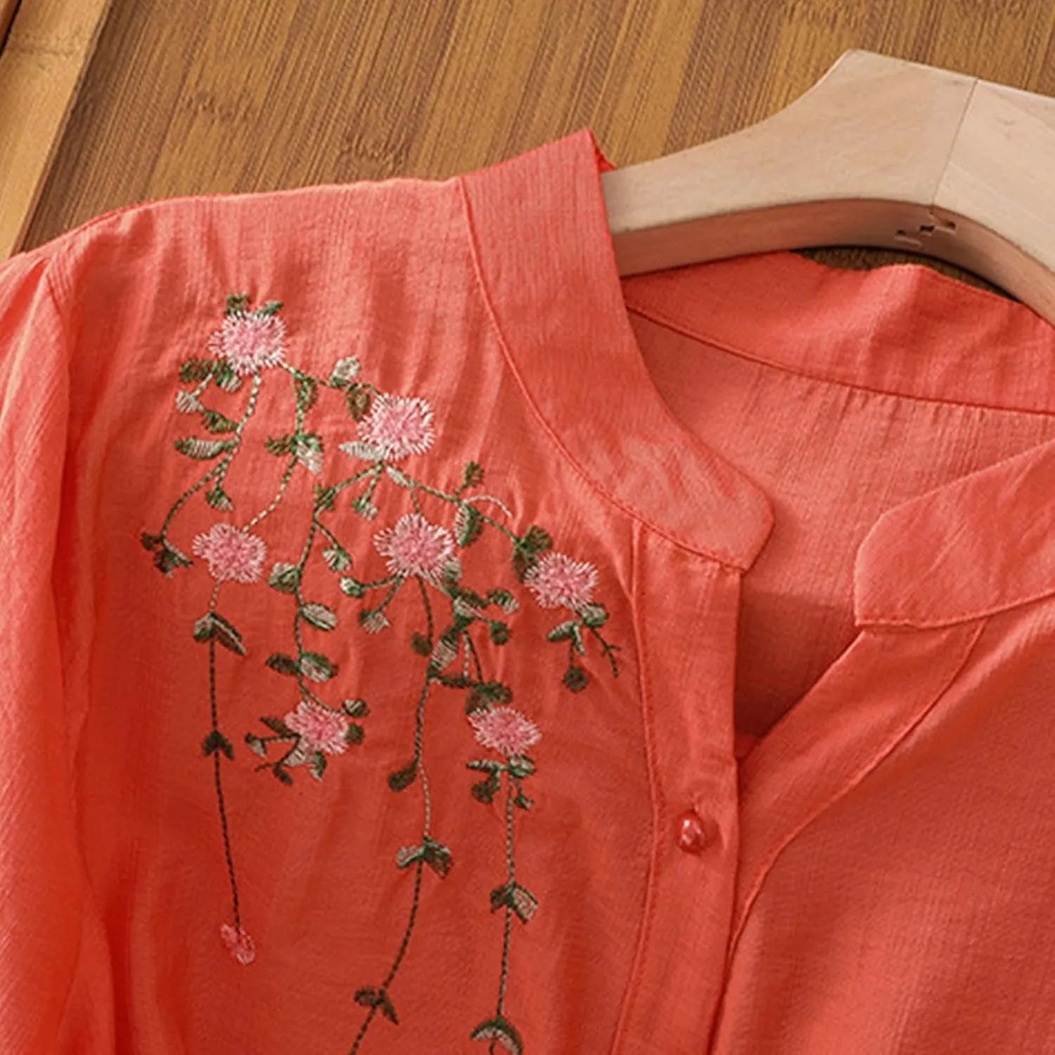 Mexico Shirts for Women Summer Embroidered Blouse Cotton Linen Round Neck Top Vintage Causal Button Shirt