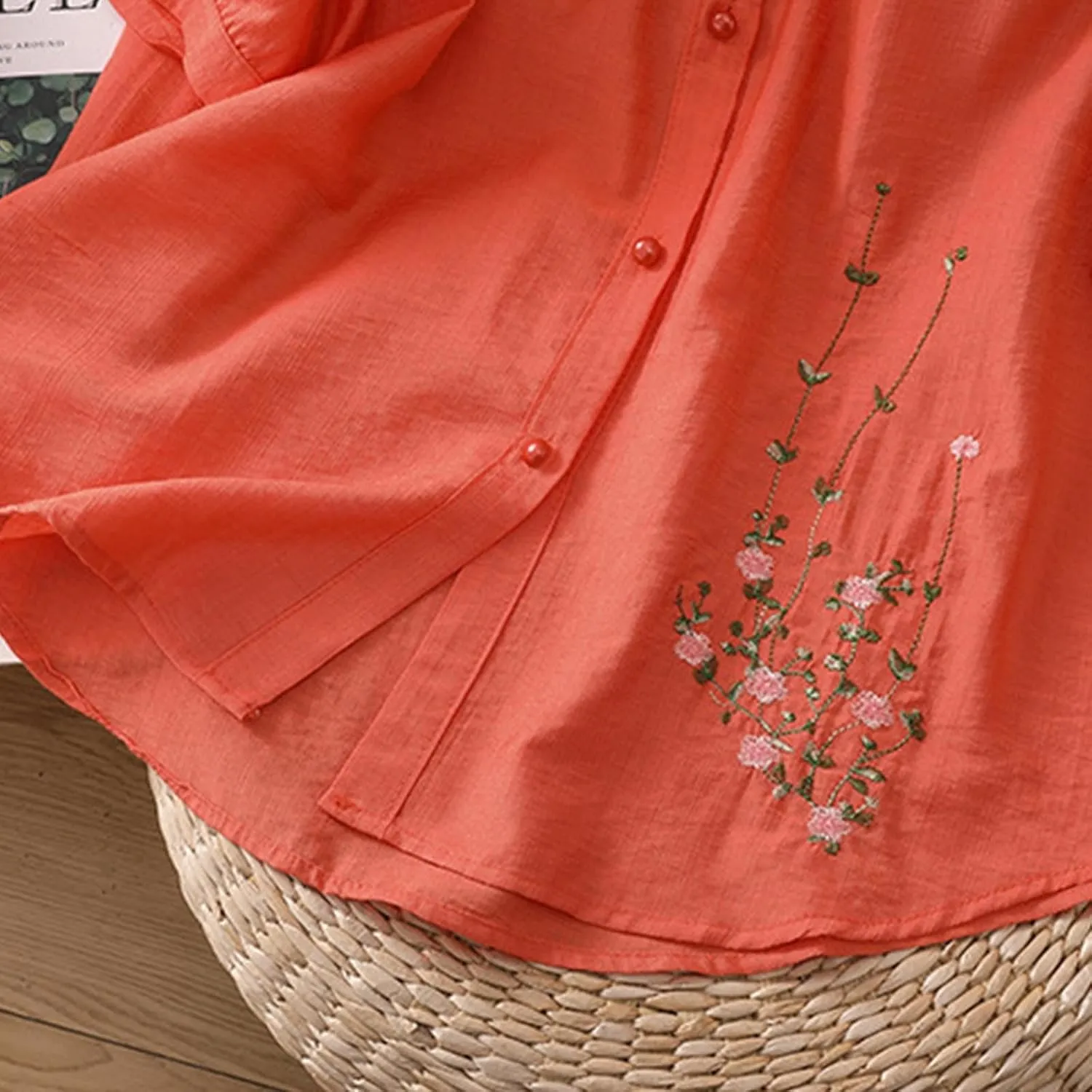 Mexico Shirts for Women Summer Embroidered Blouse Cotton Linen Round Neck Top Vintage Causal Button Shirt