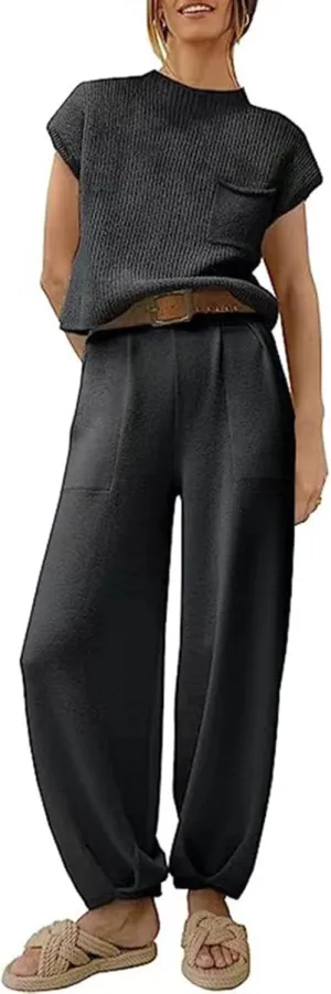 midelxp Womens Two Piece Outfits Casual Sweater Sets Knit Cap Sleeve Tops High Waisted Pants with Pockets Summer Lounge Sets