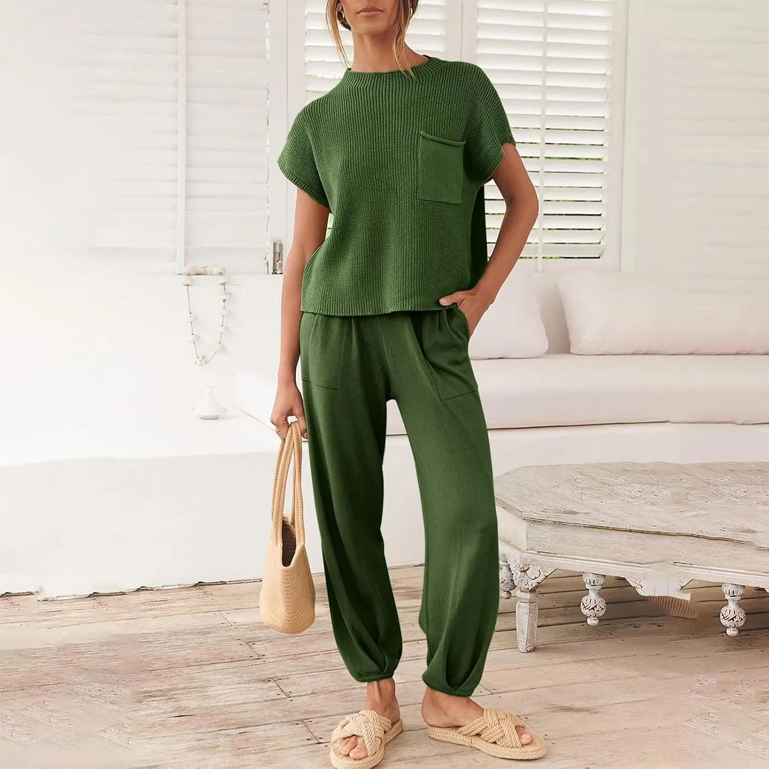 midelxp Womens Two Piece Outfits Casual Sweater Sets Knit Cap Sleeve Tops High Waisted Pants with Pockets Summer Lounge Sets