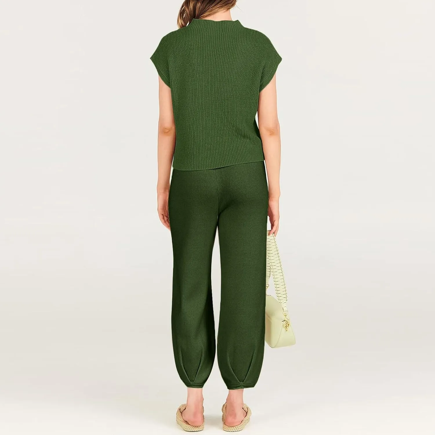 midelxp Womens Two Piece Outfits Casual Sweater Sets Knit Cap Sleeve Tops High Waisted Pants with Pockets Summer Lounge Sets