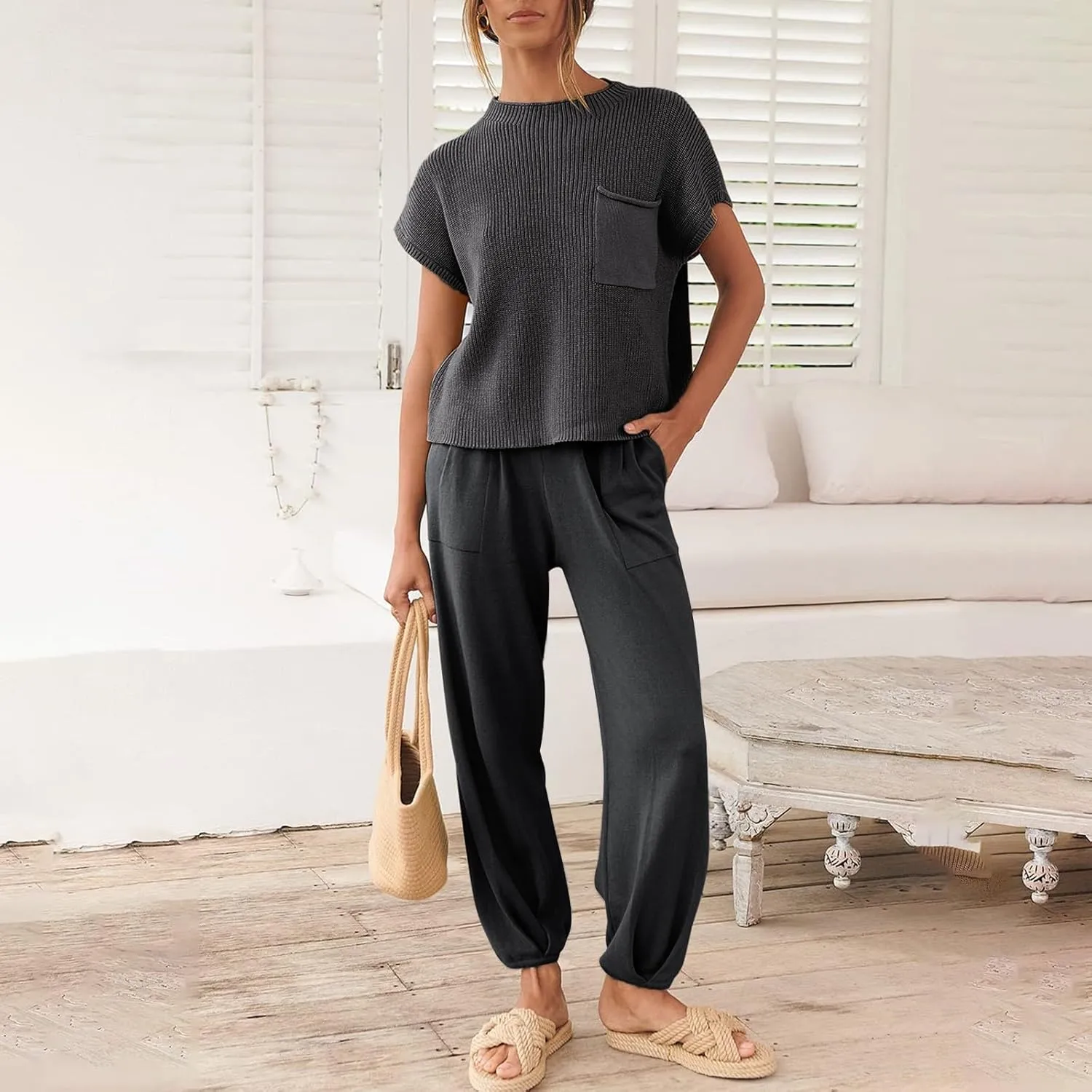 midelxp Womens Two Piece Outfits Casual Sweater Sets Knit Cap Sleeve Tops High Waisted Pants with Pockets Summer Lounge Sets