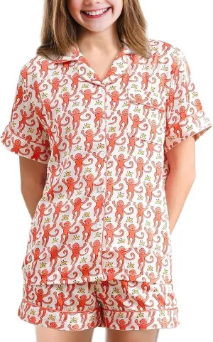 Monkey Pajamas Pjs Shorts Sets,Kids 2 Piece Button Down Monkey Beach Shorts Set,Cute Animals Print Floral Nightwear
