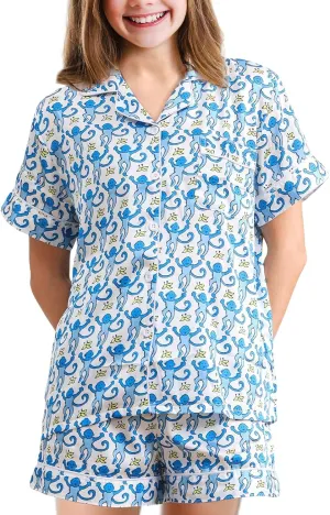 Monkey Pajamas Pjs Shorts Sets,Kids 2 Piece Button Down Monkey Beach Shorts Set,Cute Animals Print Floral Nightwear