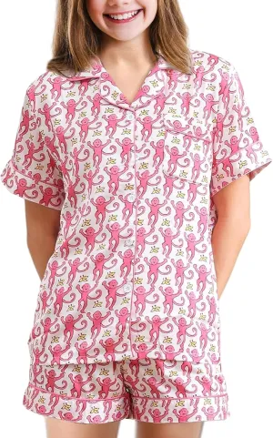 Monkey Pajamas Pjs Shorts Sets,Kids 2 Piece Button Down Monkey Beach Shorts Set,Cute Animals Print Floral Nightwear