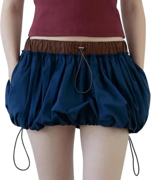 Muineobuka Women Y2K Bubble Mini Skirt Low Waist Pleated A Line Short Skirt Solid Color Ruffle Hem Puffy Skirt Streetwear