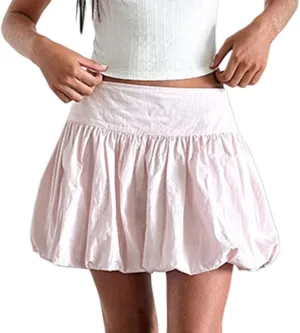 Muineobuka Women Y2K Bubble Mini Skirt Low Waist Pleated A Line Short Skirt Solid Color Ruffle Hem Puffy Skirt Streetwear