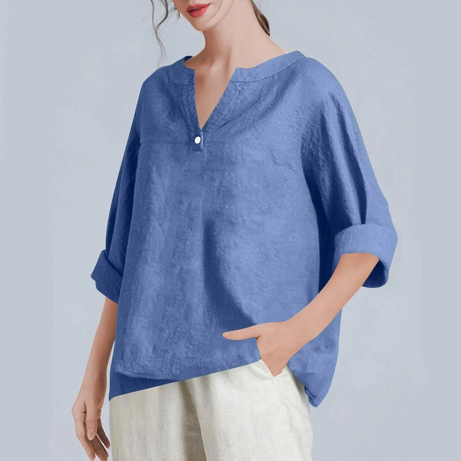 NBXNZWF Womens Cotton Linen Shirts 3/4 Sleeve Summer Loose Casual Tunic Button Down Office Work Lightweight Gauze Blouses