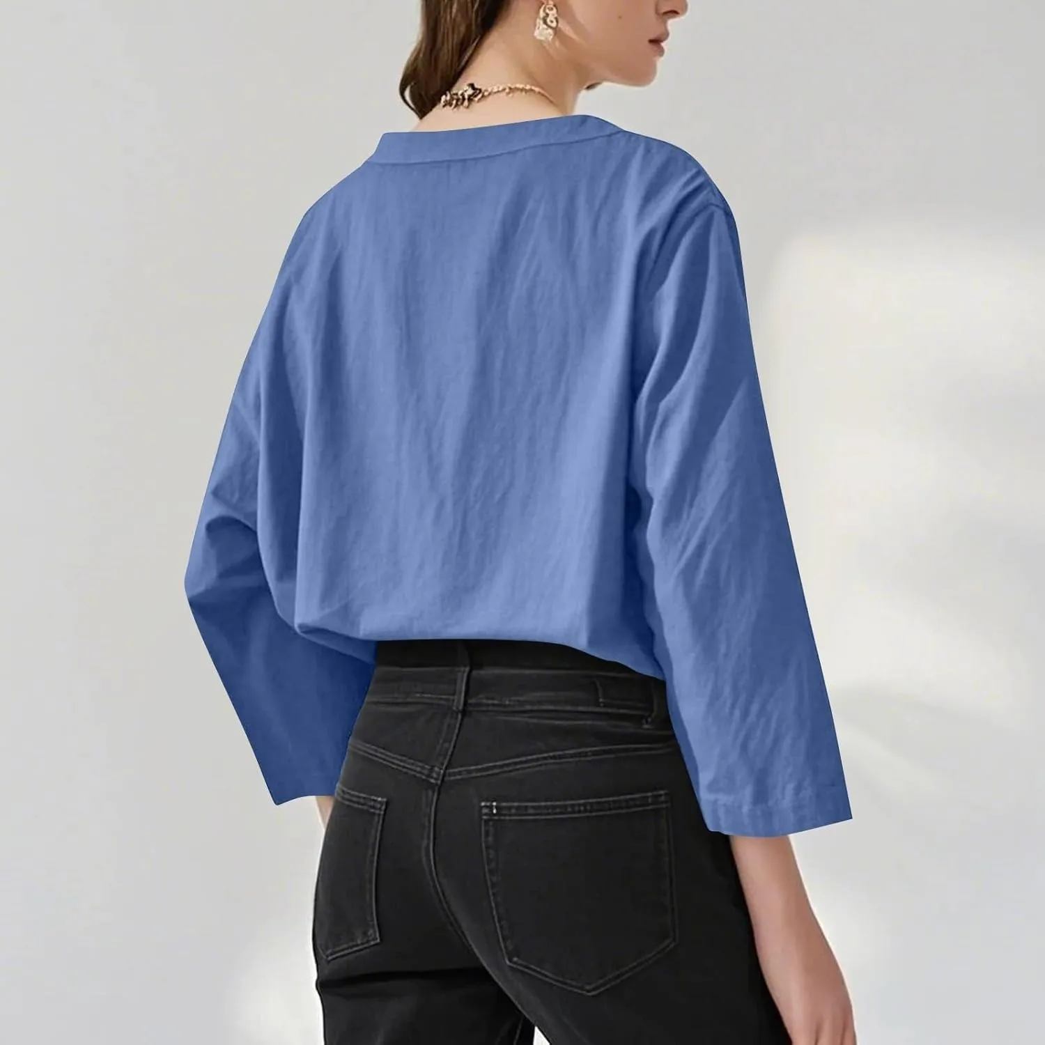 NBXNZWF Womens Cotton Linen Shirts 3/4 Sleeve Summer Loose Casual Tunic Button Down Office Work Lightweight Gauze Blouses