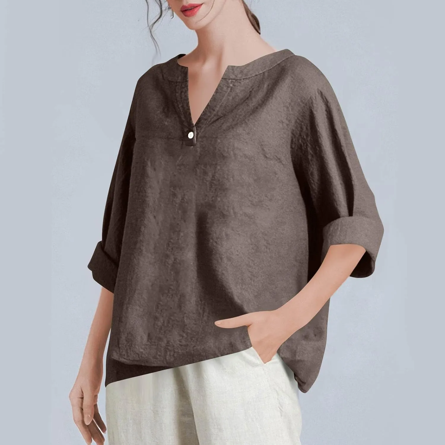 NBXNZWF Womens Cotton Linen Shirts 3/4 Sleeve Summer Loose Casual Tunic Button Down Office Work Lightweight Gauze Blouses