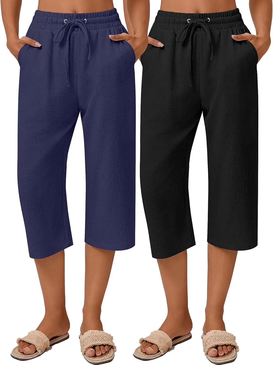 Neer 2 Pack Women's Linen Capri Pants Basics Wide Leg Casual Loose Drawstring Elasticated Beach Capris Pant with Pocket