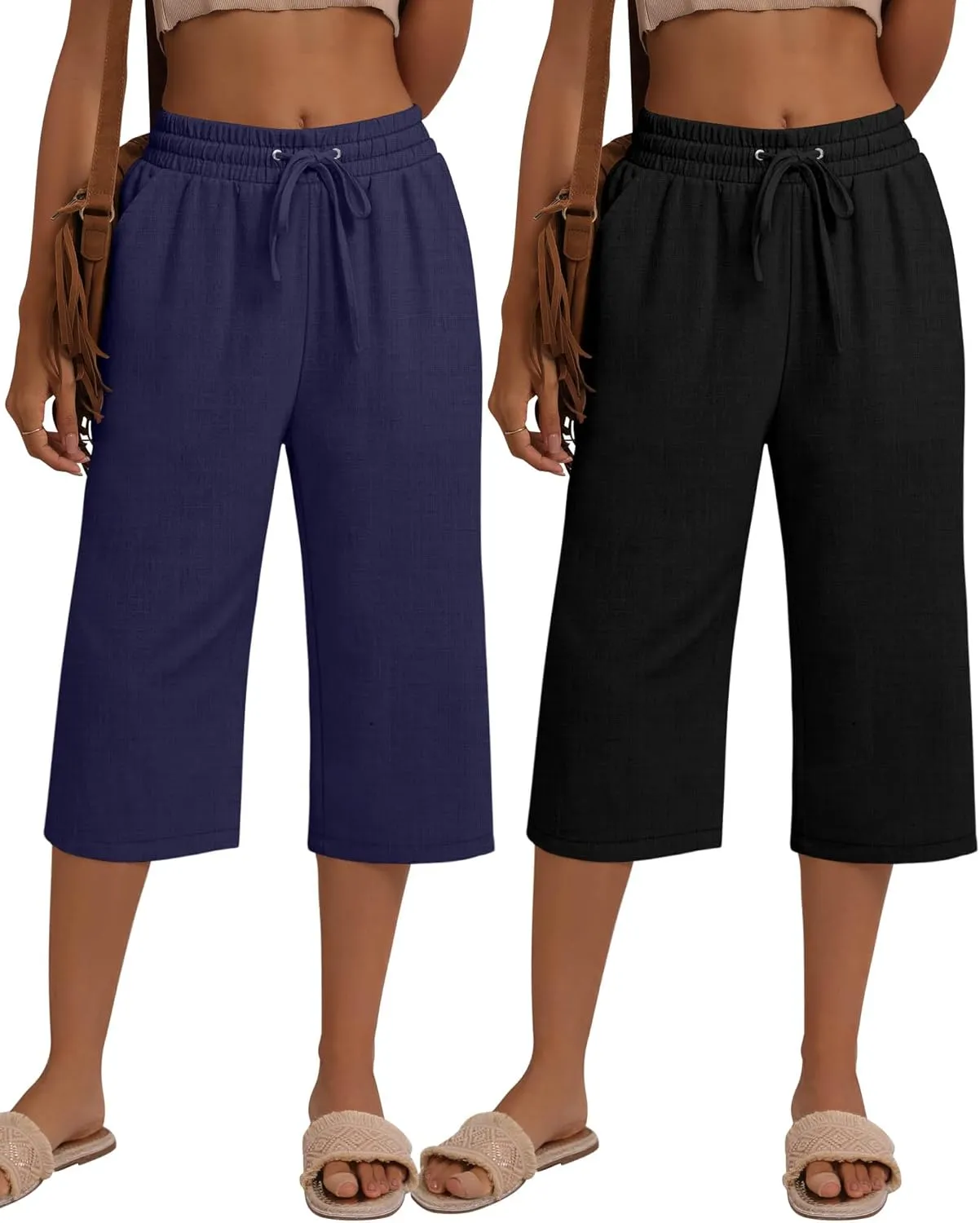 Neer 2 Pack Women's Linen Capri Pants Basics Wide Leg Casual Loose Drawstring Elasticated Beach Capris Pant with Pocket