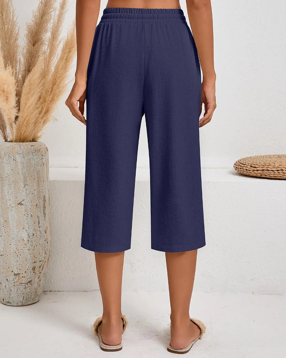 Neer 2 Pack Women's Linen Capri Pants Basics Wide Leg Casual Loose Drawstring Elasticated Beach Capris Pant with Pocket