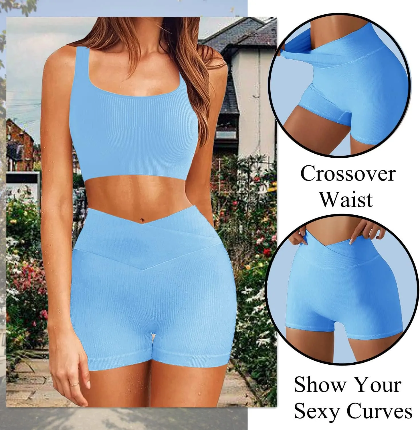 niyokki Workout Sets for Women Two Piece Sexy Summer Sports Bra and Crossover Shorts Matching Workout Set