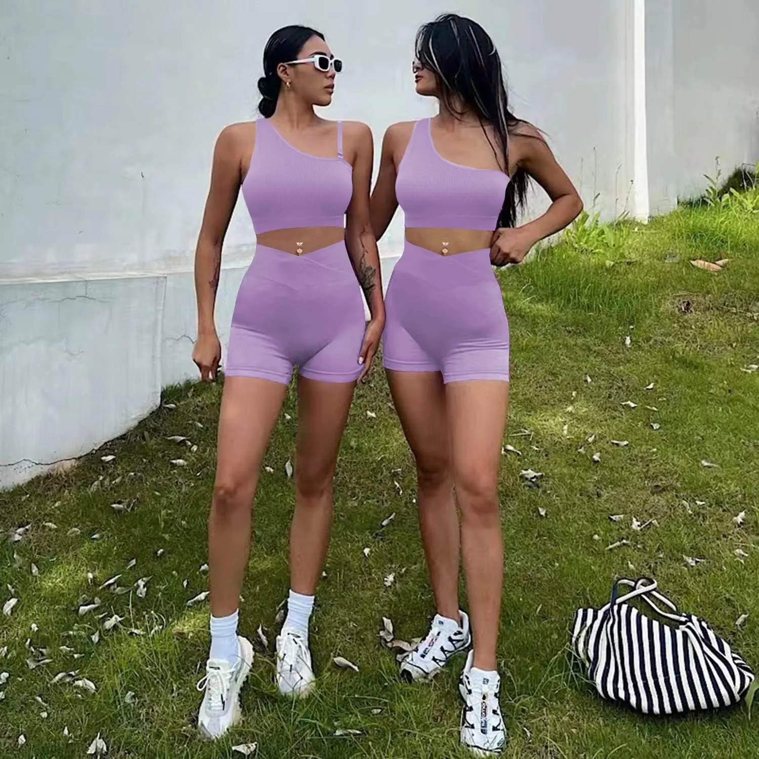niyokki Workout Sets for Women Two Piece Sexy Summer Sports Bra and Crossover Shorts Matching Workout Set