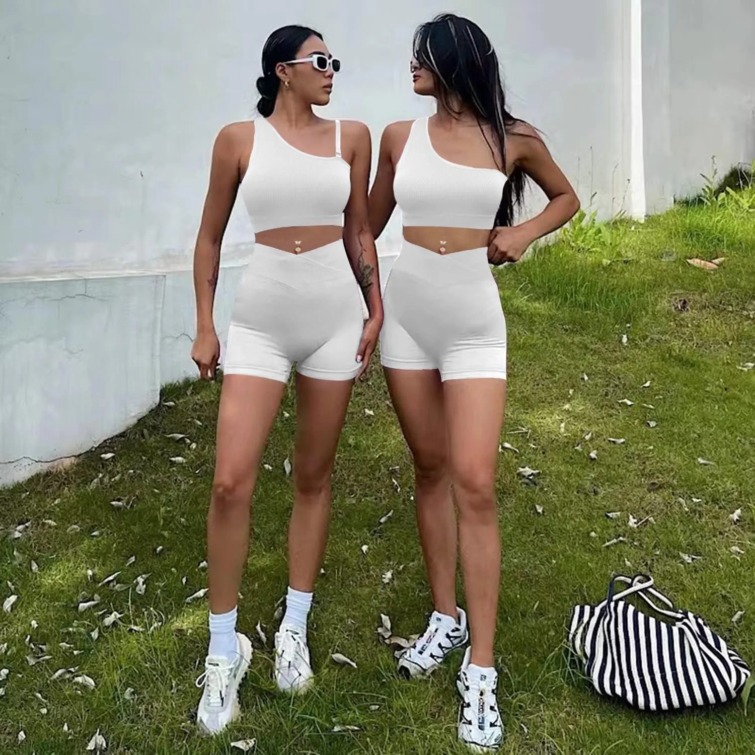 niyokki Workout Sets for Women Two Piece Sexy Summer Sports Bra and Crossover Shorts Matching Workout Set