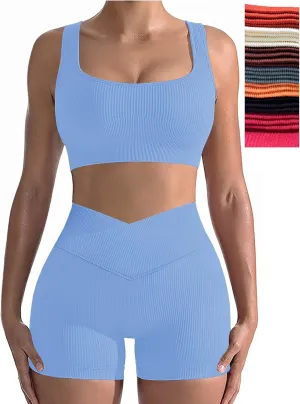 niyokki Workout Sets for Women Two Piece Sexy Summer Sports Bra and Crossover Shorts Matching Workout Set