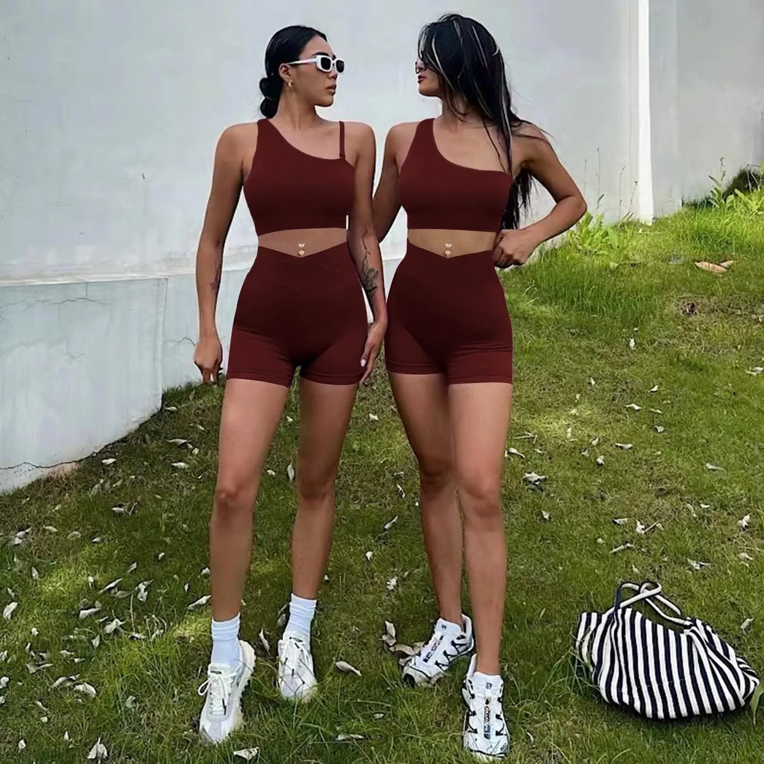 niyokki Workout Sets for Women Two Piece Sexy Summer Sports Bra and Crossover Shorts Matching Workout Set