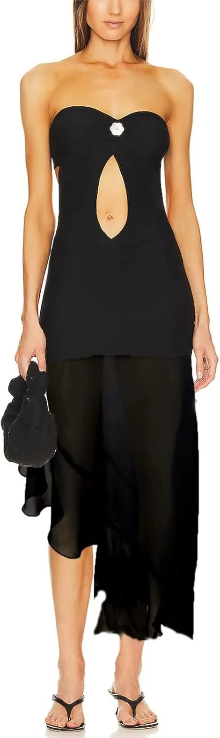 NUFIWI Off Shoulder Strapless Tube Maxi Dress Sleeveless Slim Midi Dress Tie Dye Bodycon Backless Going Out Party Dress