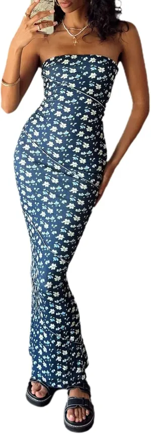 NUFIWI Off Shoulder Strapless Tube Maxi Dress Sleeveless Slim Midi Dress Tie Dye Bodycon Backless Going Out Party Dress