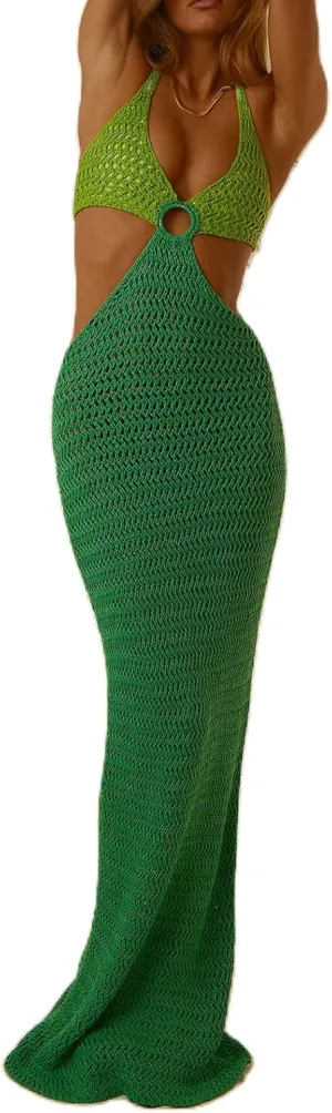 NUFIWI Print Knit Bodycon Dress for Women Y2K Hollow Out Midi Dresses Sleeveless 2022 Summer Beach Dress