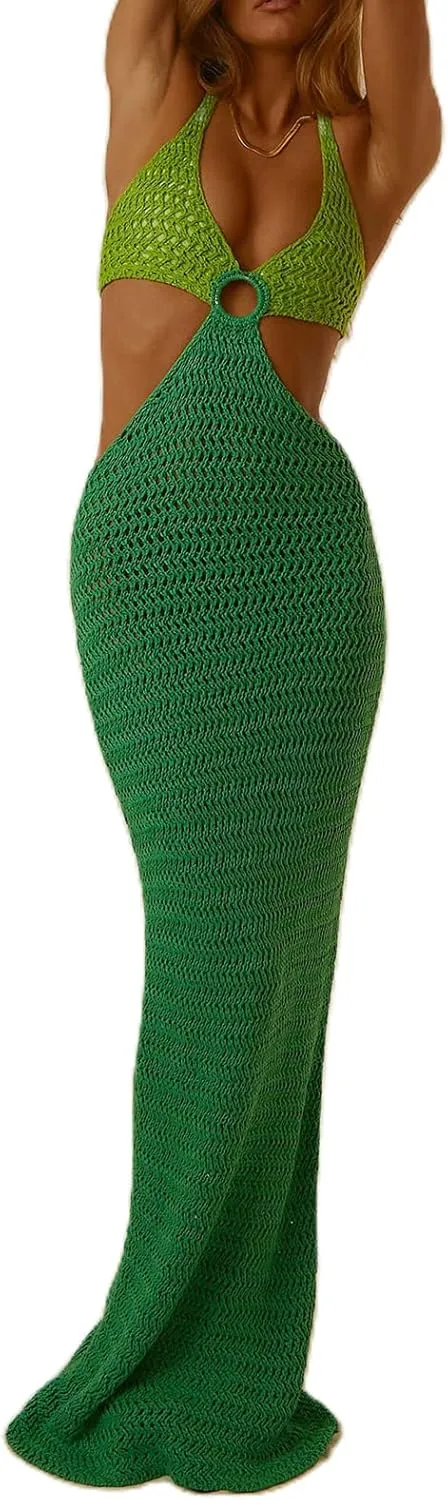 NUFIWI Print Knit Bodycon Dress for Women Y2K Hollow Out Midi Dresses Sleeveless 2022 Summer Beach Dress