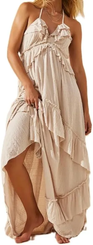 NUFIWI Sexy V Neck Backless Asymmetrical Ruffle Maxi Dress Halter Neck Sleeveless Long Dress Cutout Flowy Tiered Sundresses